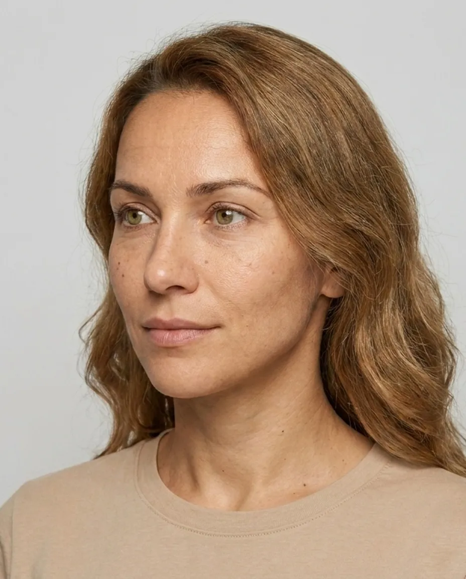 Frau im schlichten Shirt vor heller Wand, ungeschminkt und ohne Inszenierung