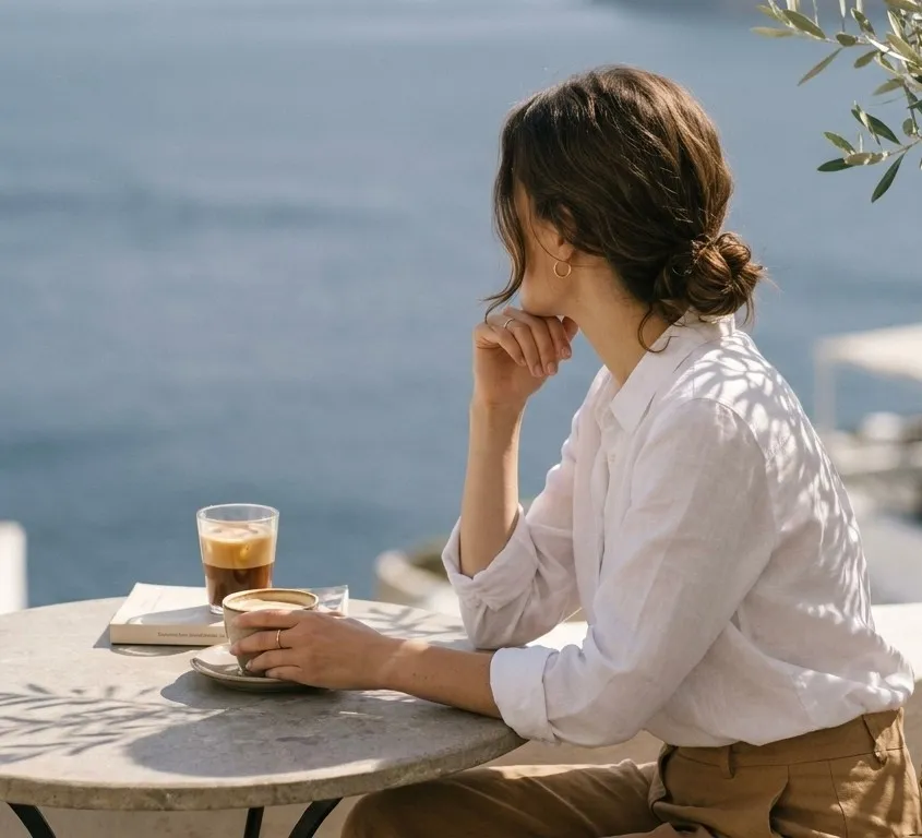 Frau in weißem Hemd sitzt nachdenklich an einem Café-Tisch mit Kaffee und Buch, im Hintergrund das Meer
