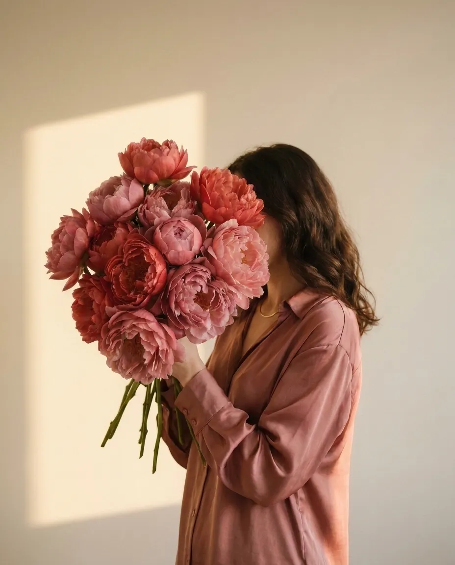 Eine Frau in altrosa Seidenbluse hält einen großen Strauß rosa Pfingstrosen vor ihr Gesicht.