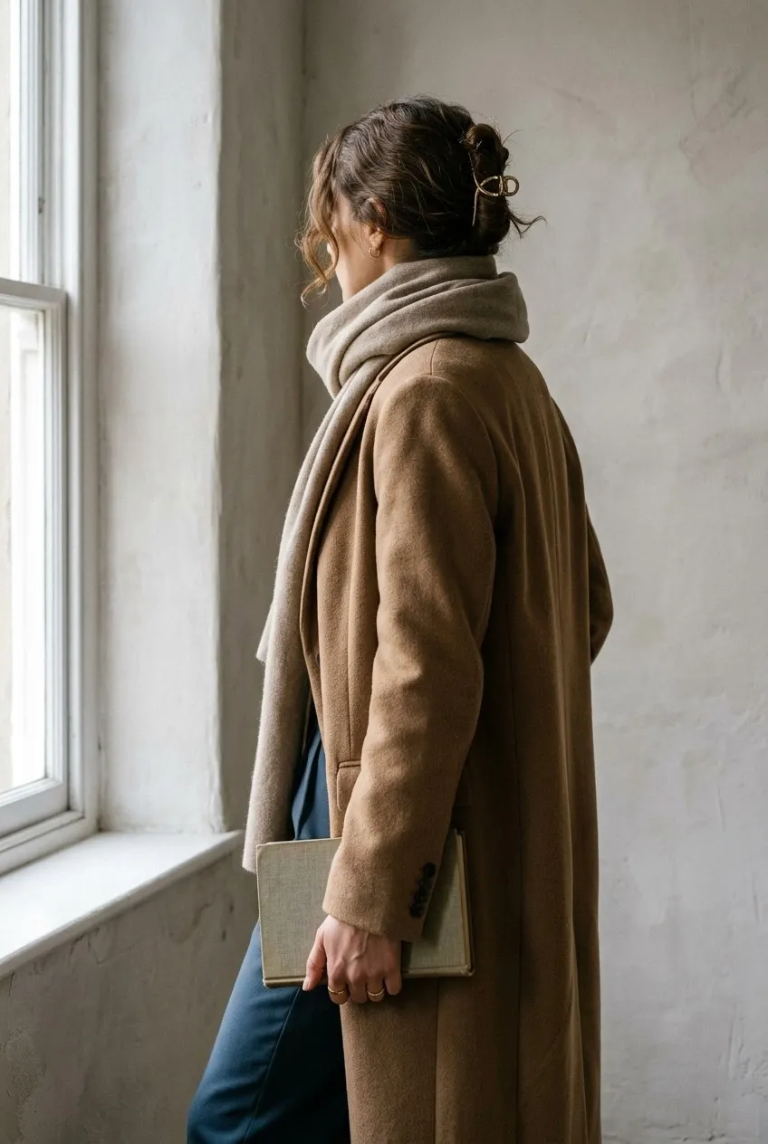Frau mit hochgestecktem Haar im Kamelmantel steht seitlich an einem hellen Fenster, ein Buch in der Hand