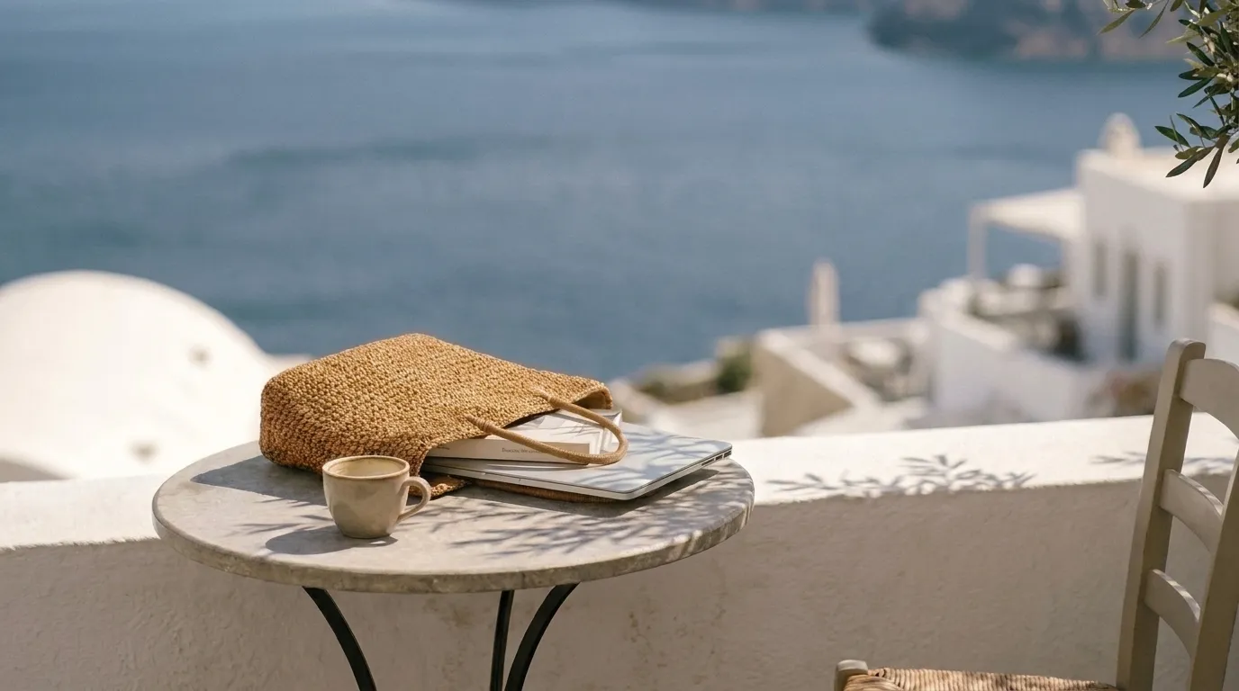 Marmortisch mit Korbtasche, Laptop und Kaffeetasse auf einer Terrasse über dem Meer.