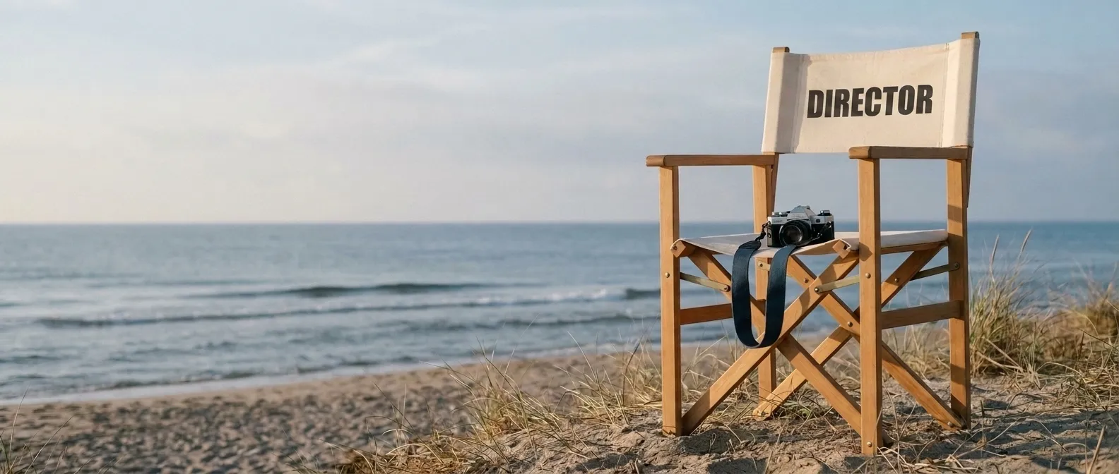 Regiestuhl mit der Aufschrift Director am Strand, darauf eine Kamera, dahinter das Meer
