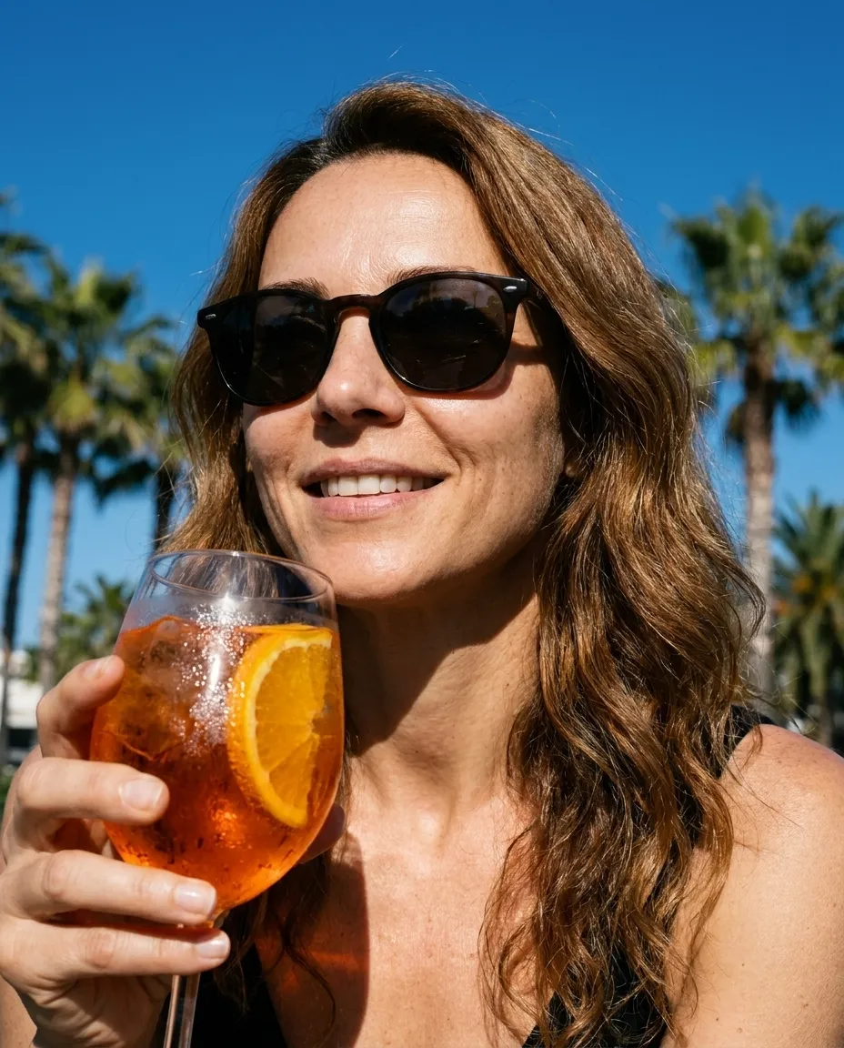 Lachende Frau mit Sonnenbrille hält ein Glas Aperol vor Palmen
