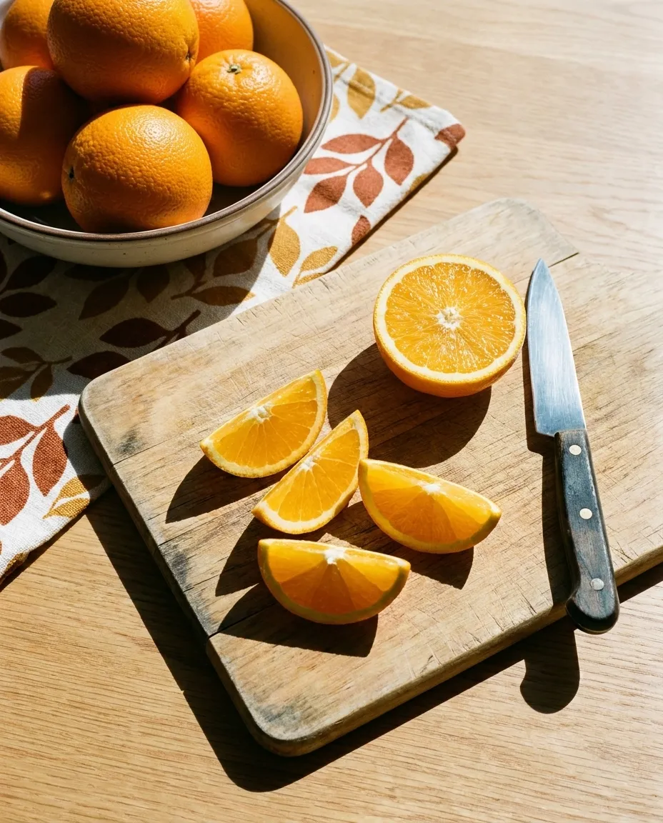 Aufgeschnittene Orangen auf einem Holzbrett in der Sonne