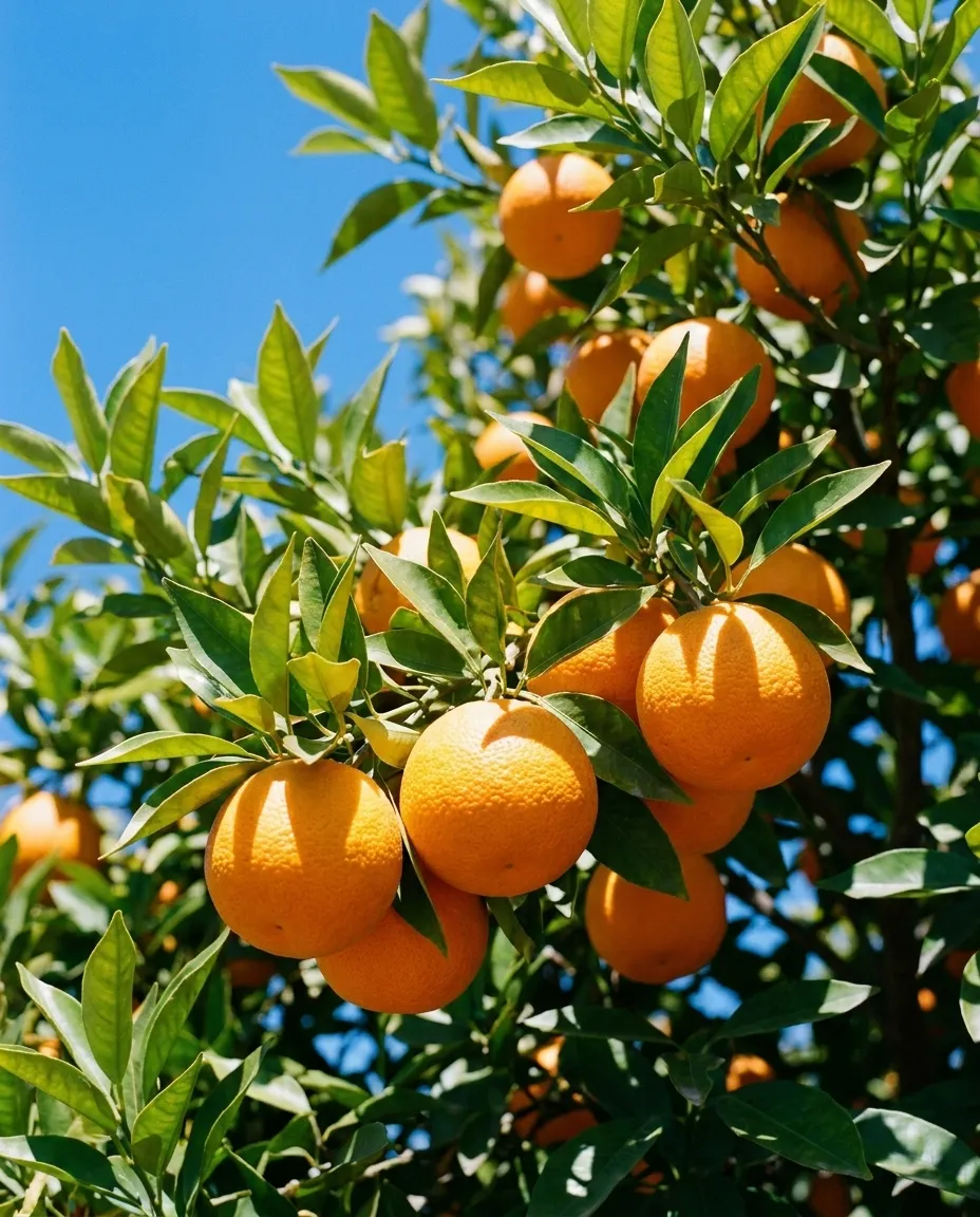 Reife Orangen am Baum vor blauem Himmel