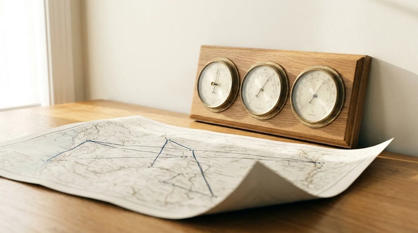 Ein schlichtes analoges Messgerät mit einer einzigen Skala auf einem Holztisch, daneben ein aufgeschlagenes Notizbuch