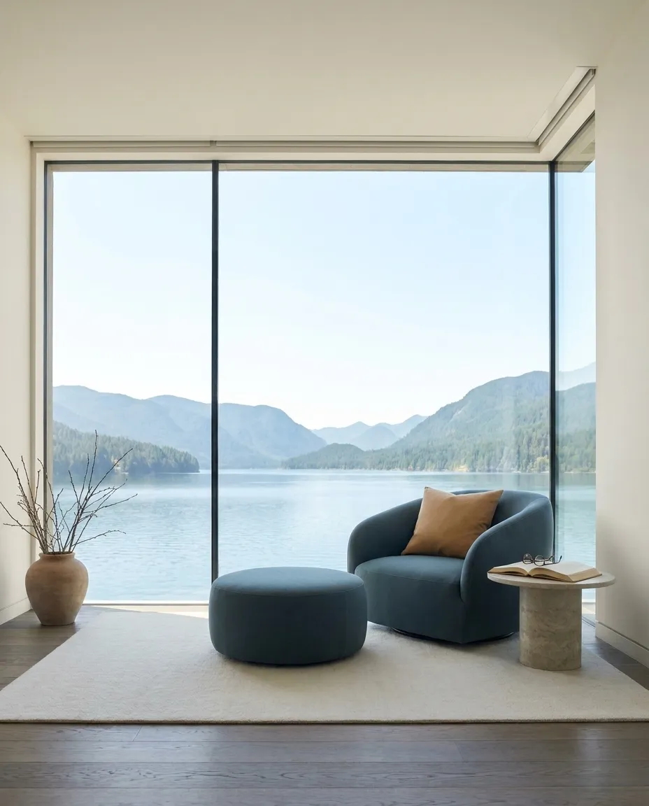 Markenbild: Sessel und runder Hocker vor einer Fensterfront mit Blick auf See und Berge