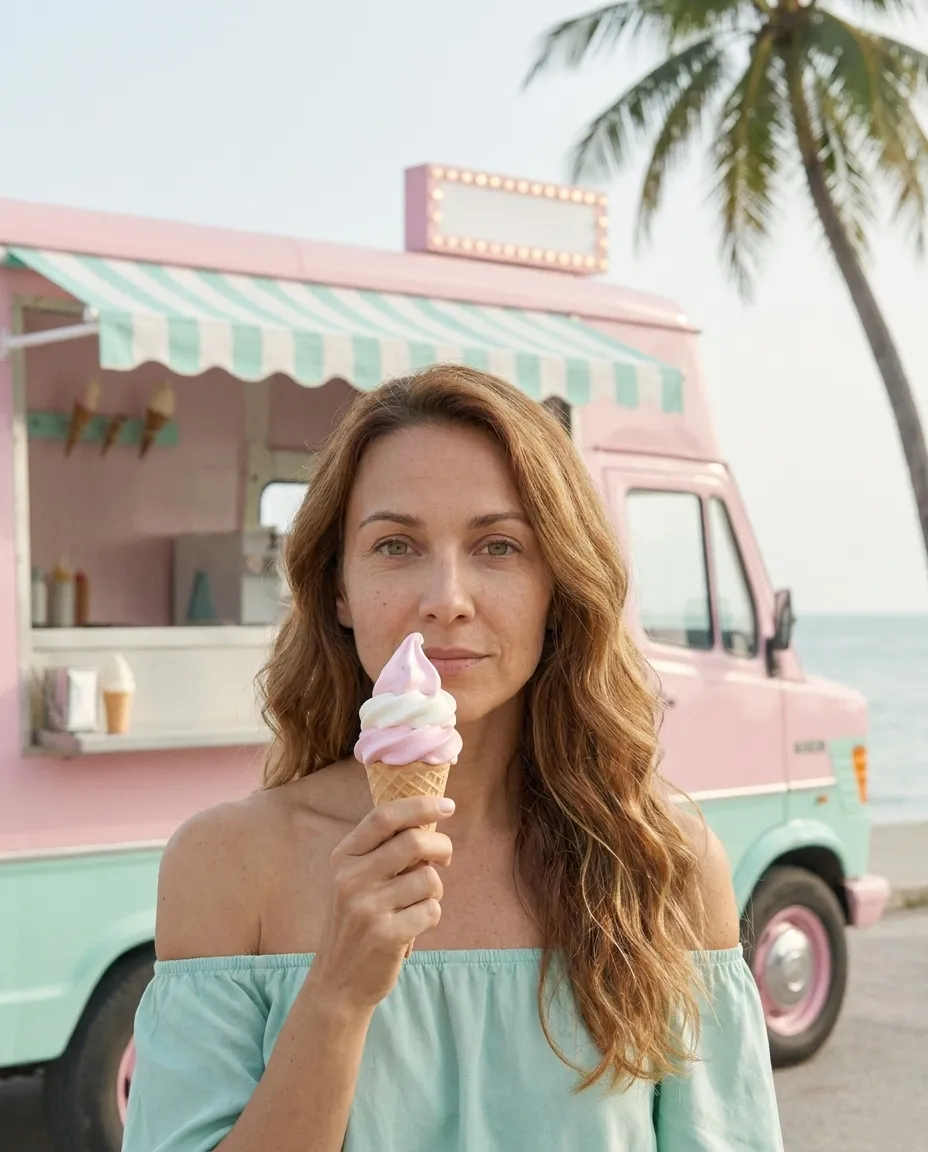 Frau mit Eistüte vor einem rosa-mintfarbenen Eiswagen am Meer
