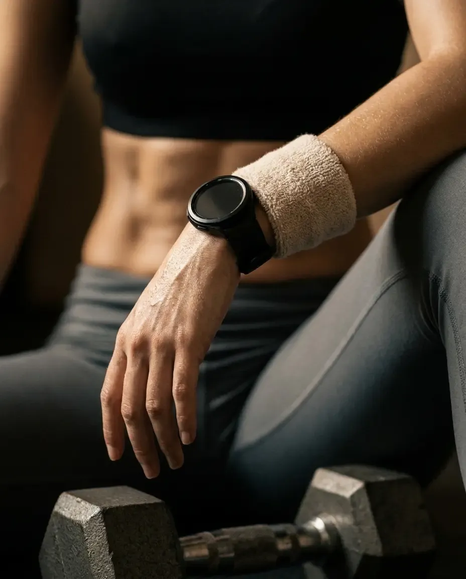 Nahaufnahme einer Sportlerin mit Schweißband und Uhr neben einer Hantel