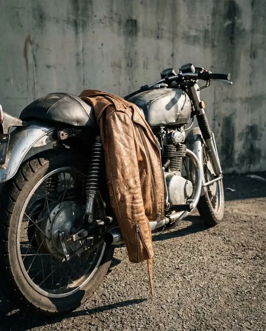 Braune Lederjacke über einem alten Motorrad vor einer Betonwand