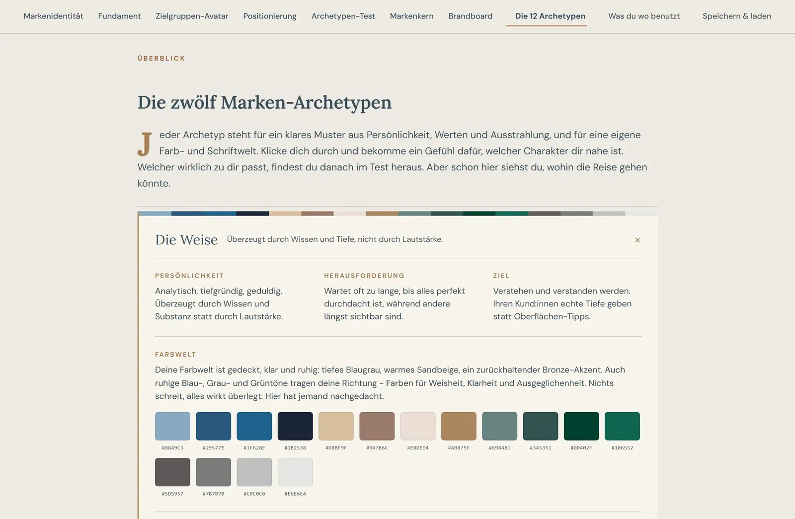 Brand Archetypen im Marken-Kompass: Archetyp Die Weise aufgeklappt mit Tonalität und Wortwahl