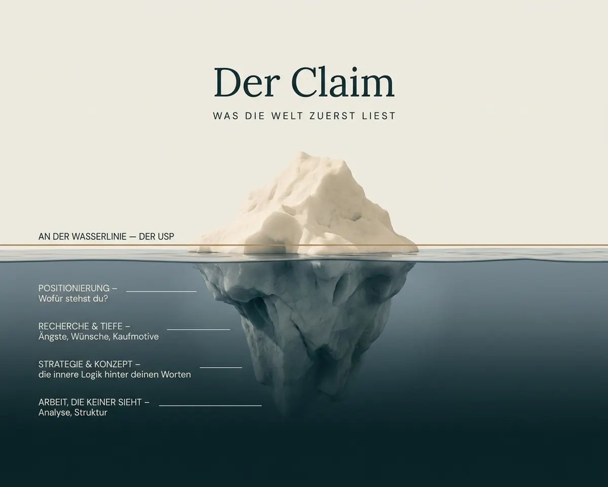 Eisberg-Modell der Positionierung: der Claim über Wasser, der USP an der Wasserlinie, Positionierung und Recherche darunter