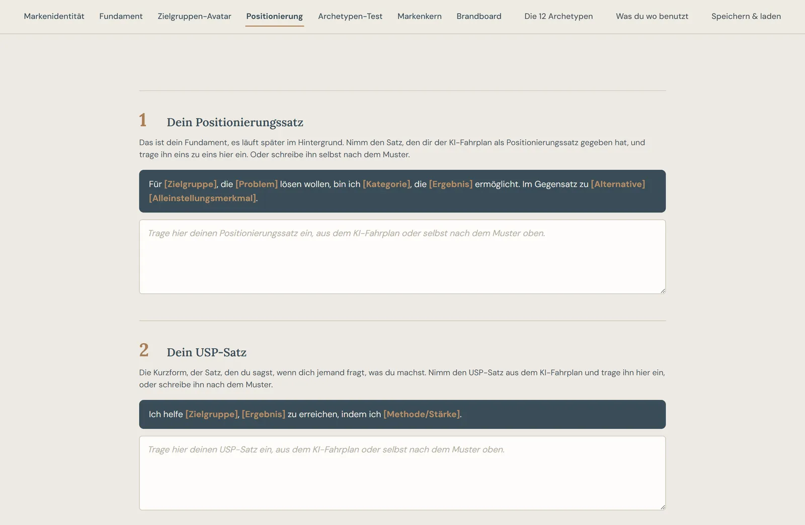 Positionierung-Workbook im Marken-Kompass: Positionierungssatz und USP-Satz mit Satzmuster und Eingabefeld